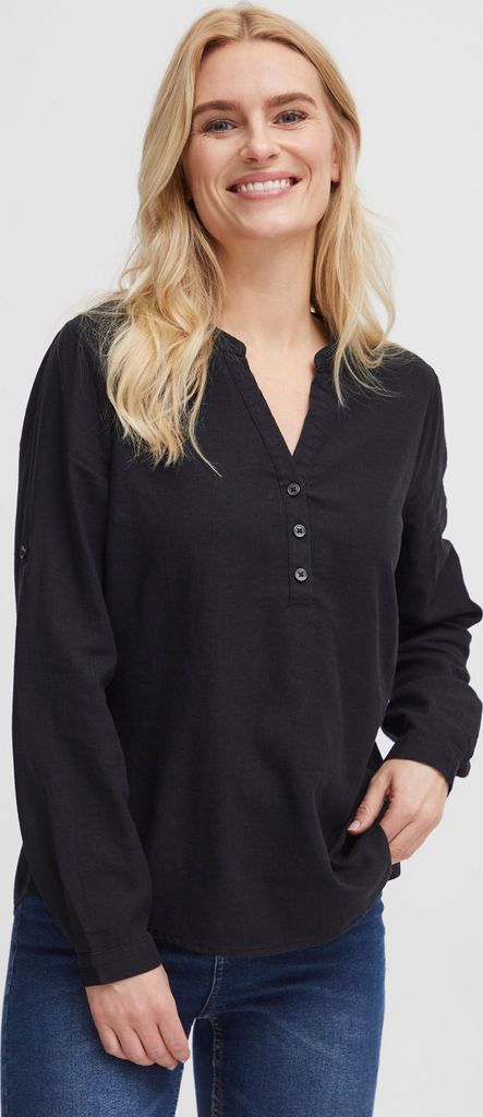 OXMO OXANJA Damen Bluse aus Leinenmix Shirt Langarm klassisch mit V-Ausschnitt und Knöpfen Regular Fit und Knöpfbare Ärmel