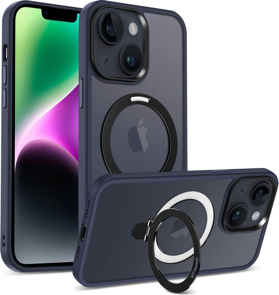 Conie Magsafe Schutzhülle für iPhone 13 / 14 Kunststoff Hard Case Magnet Cover Hülle mit Aufstellfunktion in Dunkelblau matt