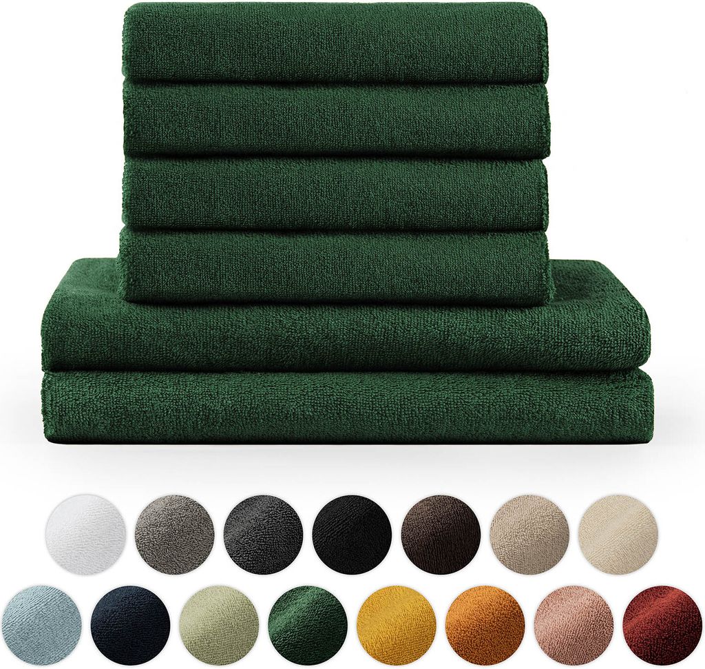 A stack of dark green towels is shown, with a row of color swatches below.