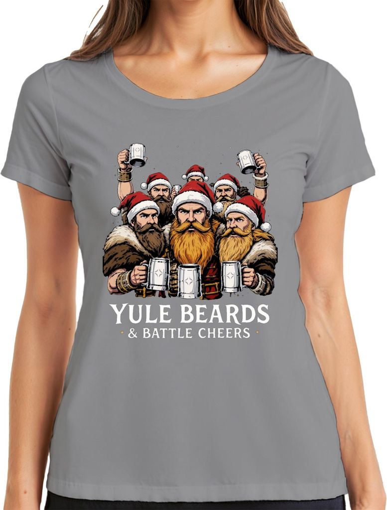 Yule Beards Battle Cheers Wikinger Weihnachten Bierkrug Retro Damen T-Shirt, Grau, 3XL