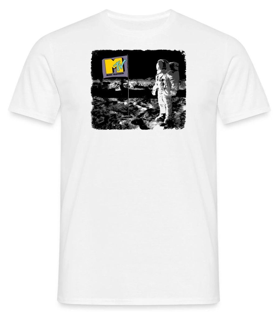 Spreadshirt MTV Astronaut Auf Dem Mond Mit MTV-Flagge Männer T-Shirt, L, Weiß
