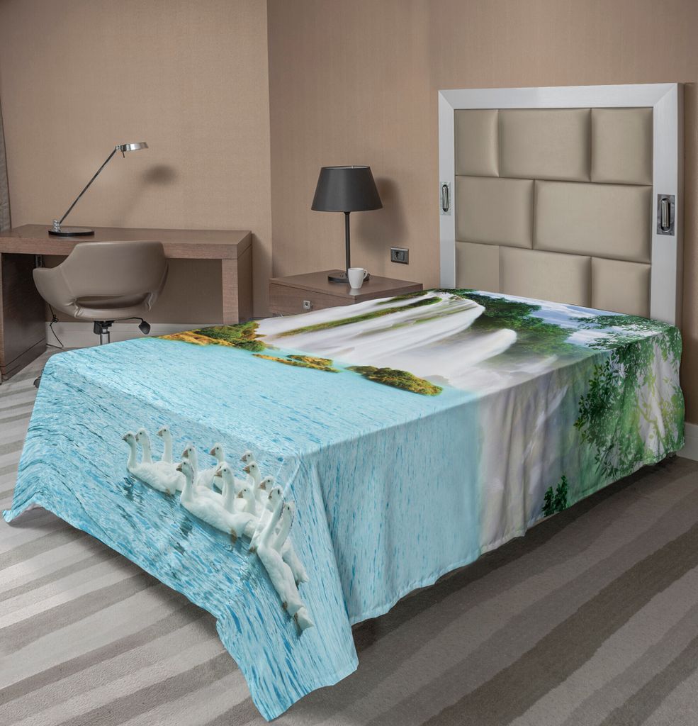 ABAKUHAUS Wasserfall Bettlaken, Bild Eines Großen Wasserfalls Mit Schwänen Im See Sonniger Tagesnaturdruck, weiches bequemes oberes Bettlaken fü...