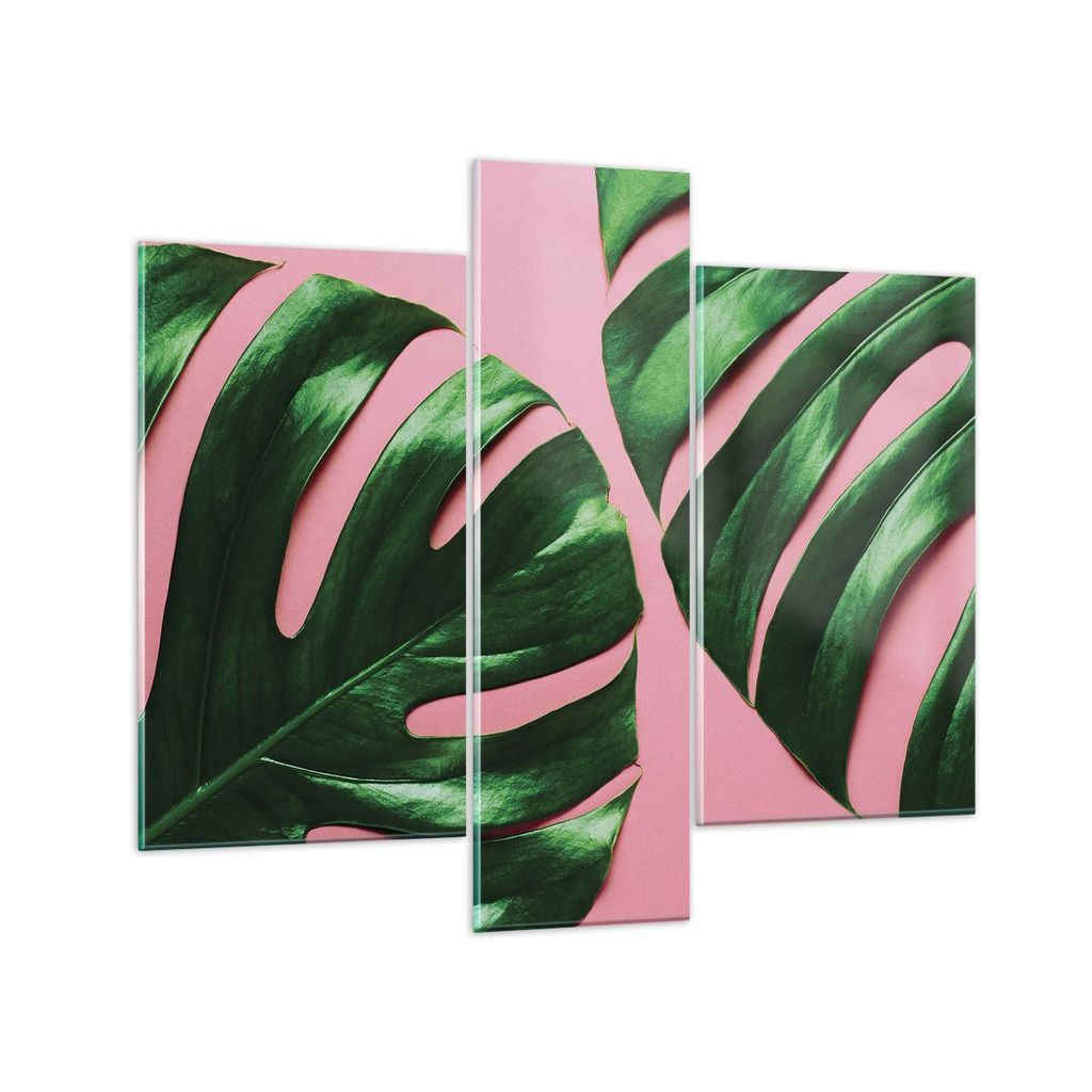 Bilder auf glas - 3 Teile - Monstera Blatt Rosa - 95x80cm - Glasbilder - Wandbilder - Bilder - zum Aufhängen bereit - Wanddekoration aus Glas - Gl...