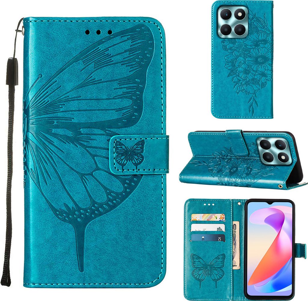 Lederhülle für Honor X6A Schmetterling Prägung Flip Ledertasche Kartenfächer Handyhülle mit Ständer Blau
