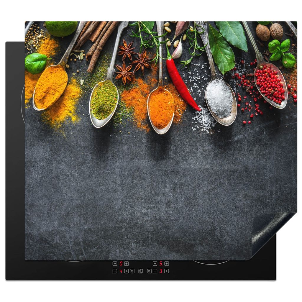 KitchenYeah Herdabdeckplatte Beton - Gewürze - Löffel , 59x51cm, Küche Deko, Glaskeramikkochfeld Herdabdeckung, Abdeckplatte fùr Kochfeld