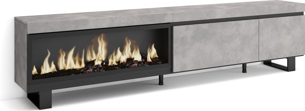 TV-Schrank, Lowboard, 237x35x57 cm, Für großformatiges TV, Elektrokamin XXL, Zementgrau