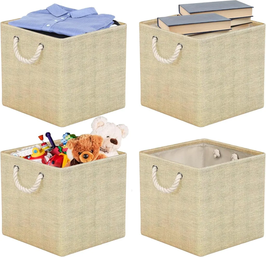Lot de 4 boîtes de rangement pliables beiges 30x30 cm tissu robuste