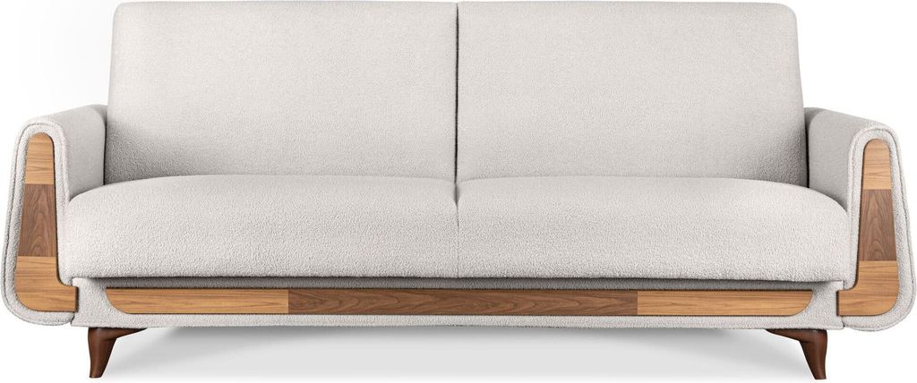 KONSIMO Sofa 3 Personen mit Schlaffunktion und Armlehnen "GUSTAVO", Weiß, Bouclé-Stoff, Modern, 230x98x98 cm