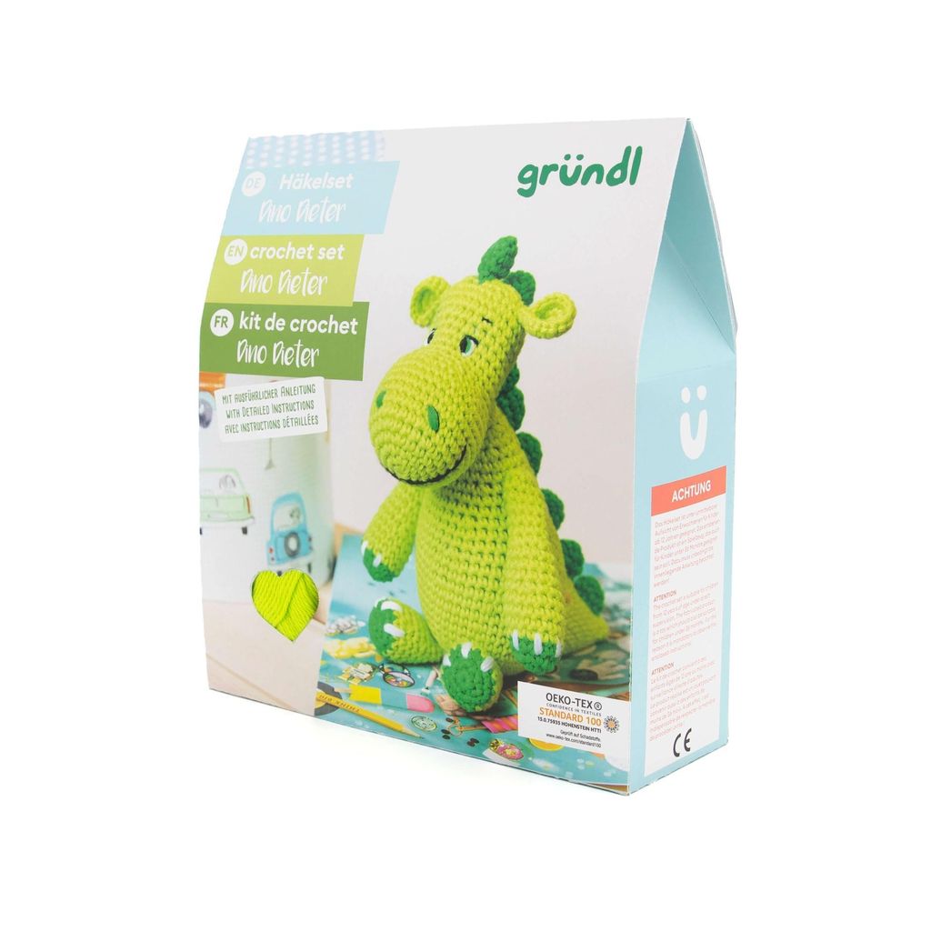 Gründl Häkelset kpl. Waschbär, Lama, Faultier oder Dino, alles dabei Set 4 Dino Dieter