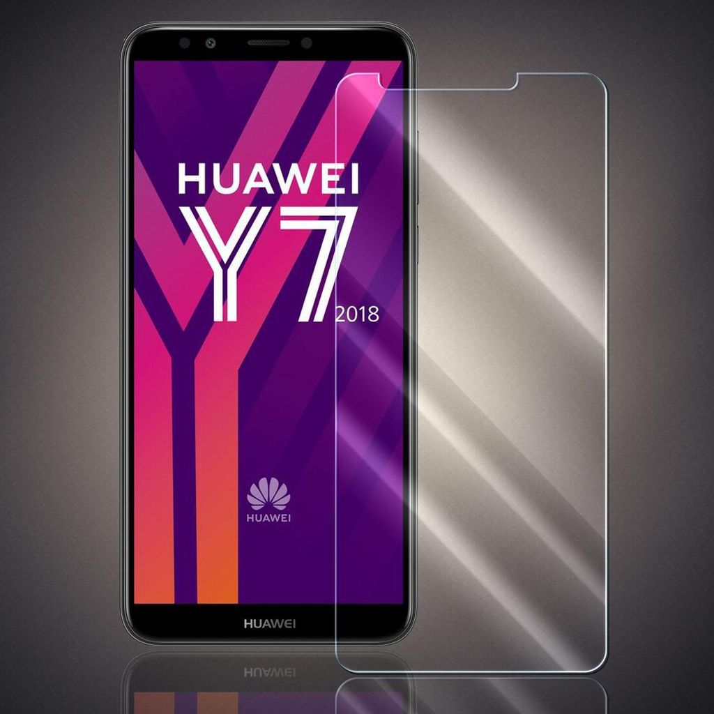 A screen protector is shown next to a Huawei Y7 2018 smartphone.