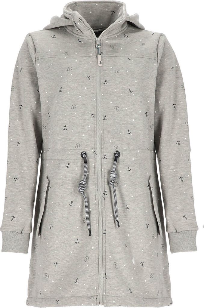 Leitfeuer Damen Fleecemantel mit Allover-Print und Polarfleece-Innenseite - Fleecejacke mit Stehkragen und Kapuze in Hellgrau Größe M