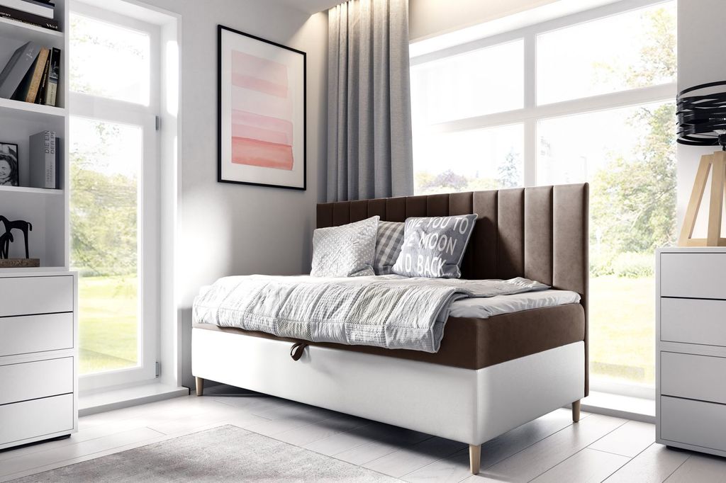 Kontinentales Bett 90x200 MIREN 2 - braun/weiß, Öffnung rechts + GRATIS Matratzenauflage
