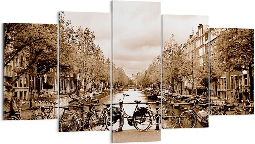 Bild auf Leinwand - Leinwandbild - Kanal Fahrräder Amsterdam Zentrum - 160x85cm - Wand Bild - Wanddeko - Leinwanddruck - Bilder - Kunstdruck - Lei...
