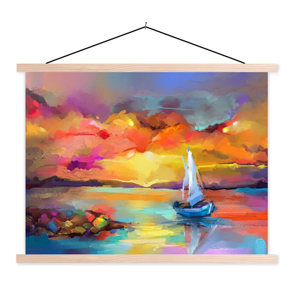 MuchoWow Textilposter Malerei - Ölfarbe - Boot - Farben 60x45 cm mit holzfarbenen Rahmen - Bild
