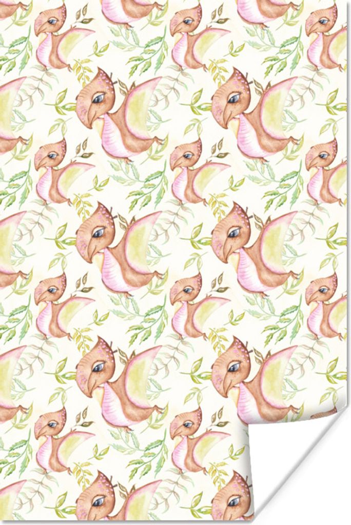 MuchoWow Poster Kinderzimmer - Dinosaurier - Blätter - Mädchen - Kinder - Rosa - Kinder 80x120 cm - Papierdruck