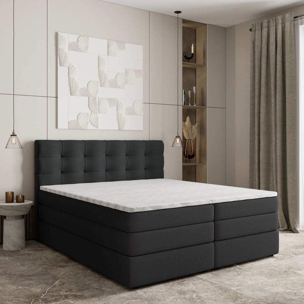 Masseno Boxspringbett AREZI 140x200 cm Komplett-Set mit Bonell Matratze und Topper, Polsterbett mit Bettkästen -Schwarz, SORO 100