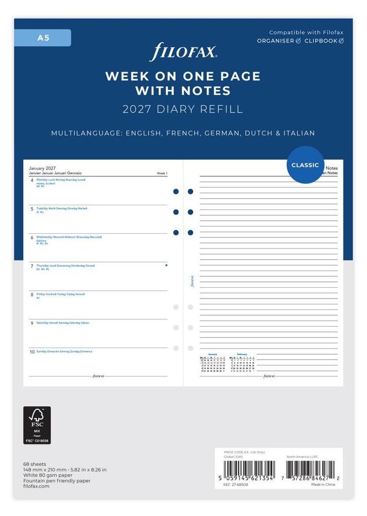 FILOFAX Kalendereinlage 2027 - A5 - 1 Woche / 1 Seite + 1 Seite Notizen - weiss - mehrsprachig