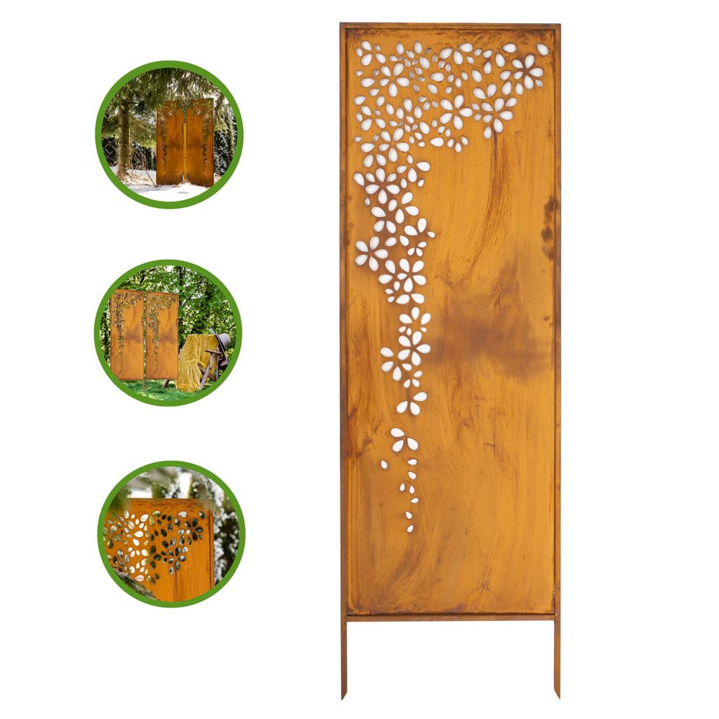 A decorative metal screen with a floral pattern, presented on a white background with inset lifestyle images.