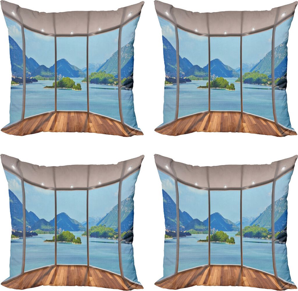 ABAKUHAUS Seestück Kissenbezug Set (4 Stück), Strand Meer Hills Fenster, Moderner Doppelseitiger Digitaldruck, 40 cm x 40 cm, blau, Braun,