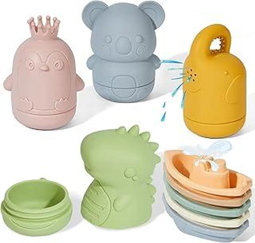 9 pezzi di giocattoli da bagno, giocattoli da bagno in silicone, giocattoli da bagno per bambini, giocattoli da bagno per neonati, animali spruzzatori, barche, giocattoli acquatici, regali per neonati e bambini piccoli, animali