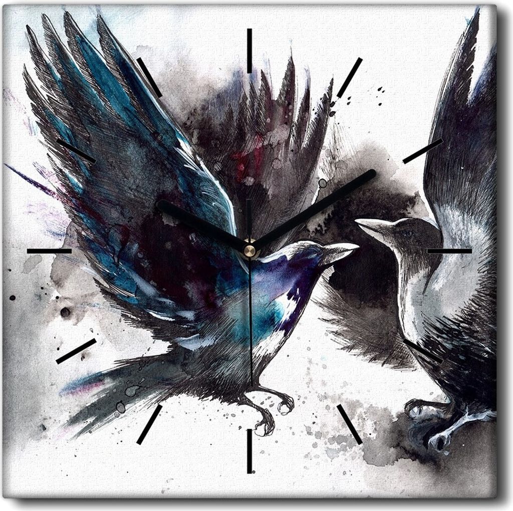 Coloray Uhr auf Leinwand 30x30 cm Wand Uhr Dekoration Wohnzimmer Segeltuch schwarze Hände -Tiere Raben Vögel