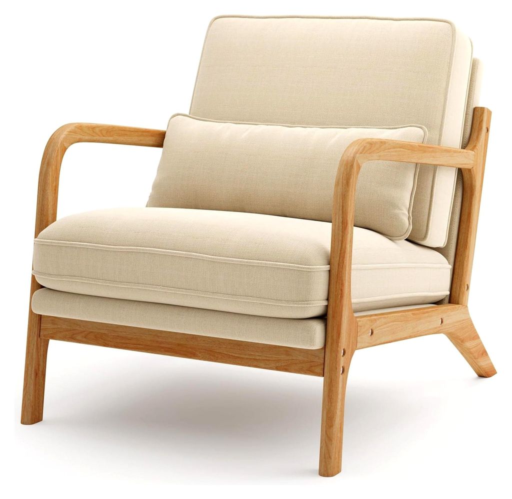 Lounge-Sessel mit Armlehnen und Holzrahmen, Moderner Polstersessel für Wohnzimmer, Schlafzimmer, Leseecke, Büro (82 x 65 x 75 cm, Beige)