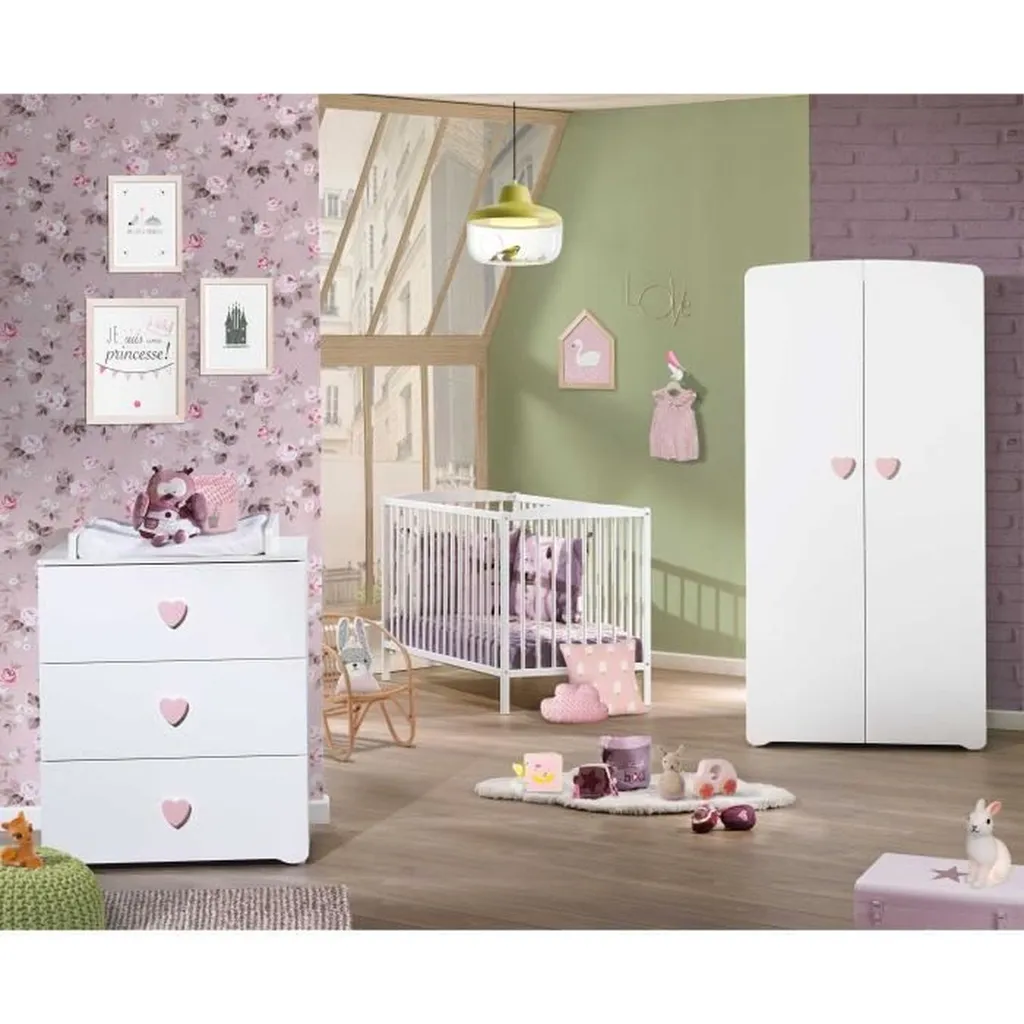Commode Basic 3 Tiroirs PRIX DE BÉBÉ - Design Boutons de Coeur Roses - 3