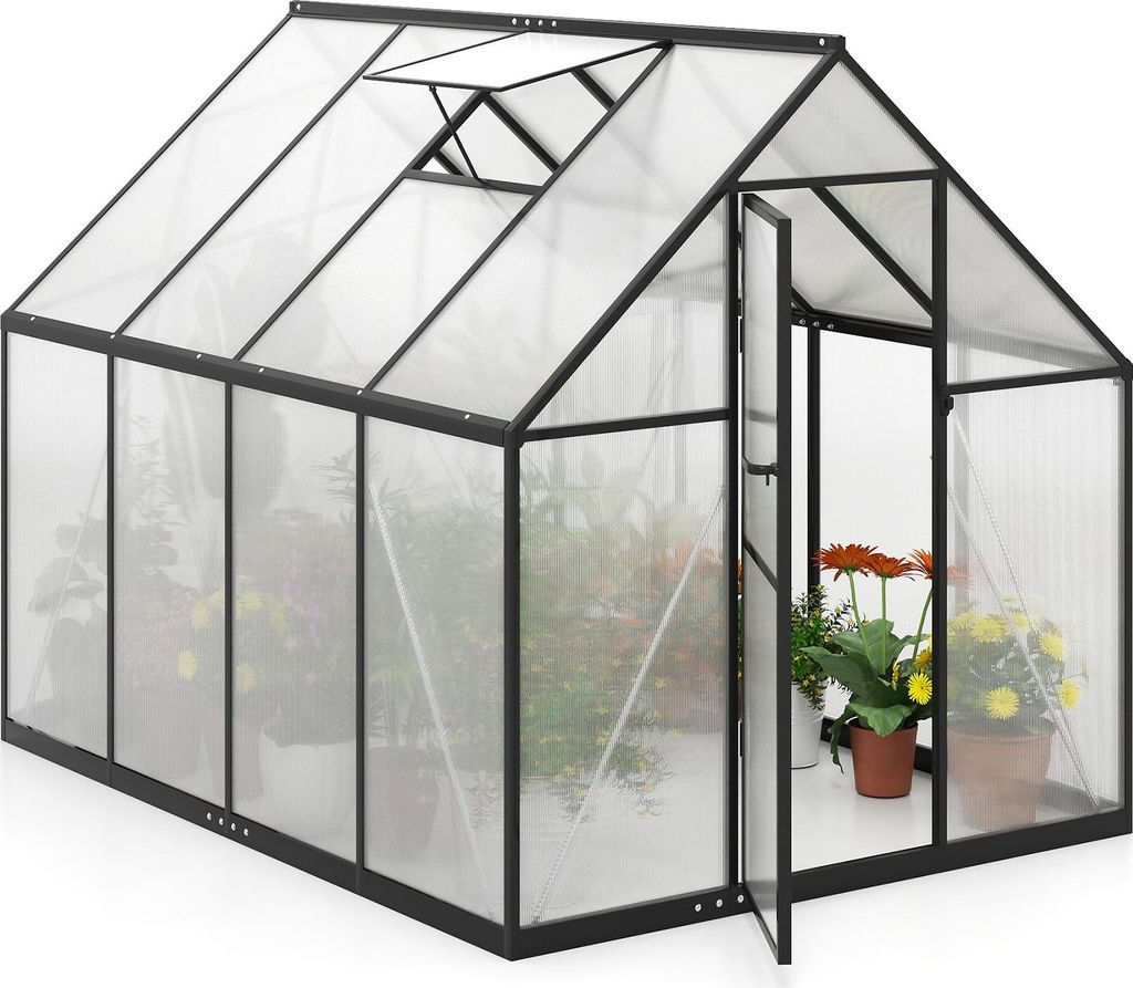 A greenhouse with plants inside, shown from a slightly elevated, diagonal angle.