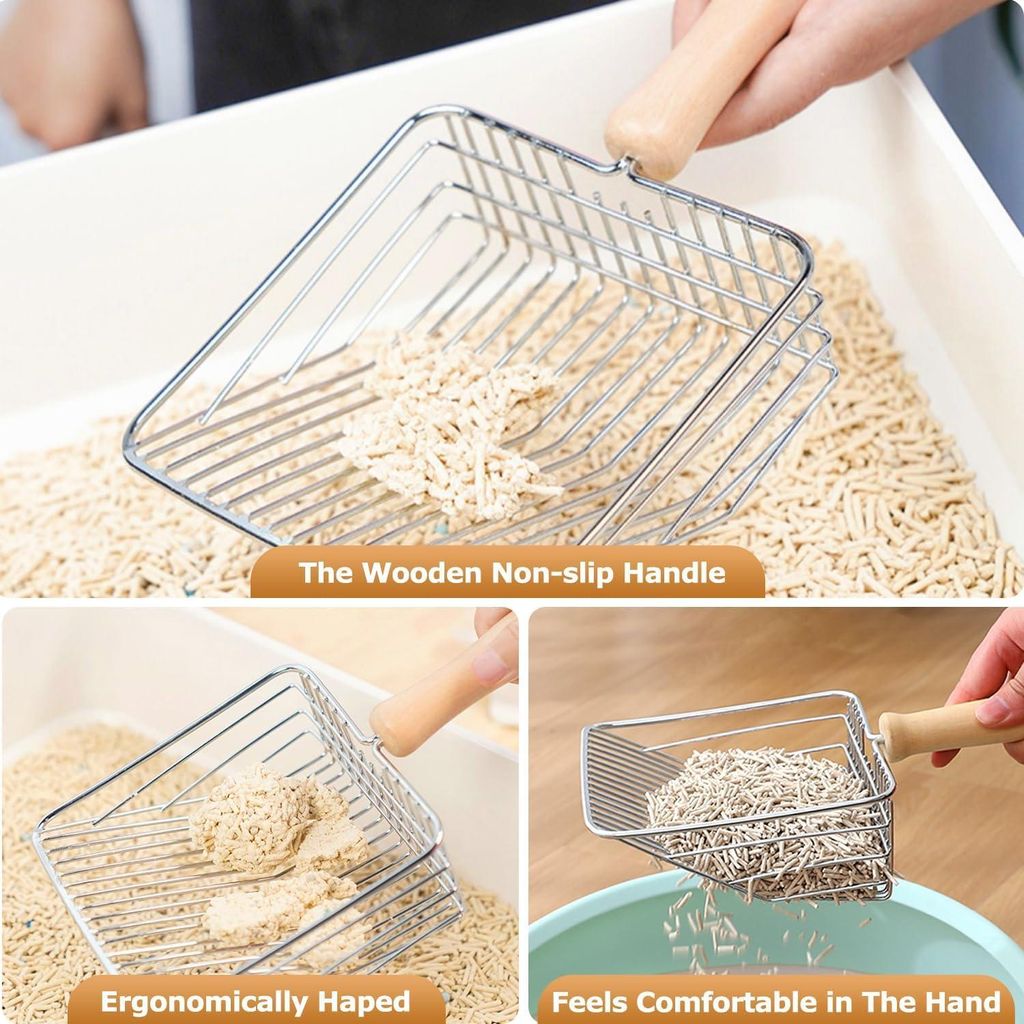 Katzenstreu Schaufel Edelstahl - 2-in-1 Design Mit Holzgriff Für Katzenklo