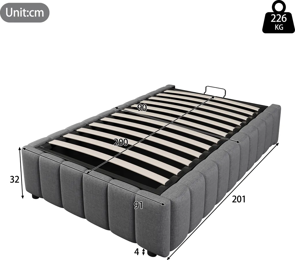 Lit coffre hydraulique 90x200 cm en lin gris structure MDF - MODFU - 4