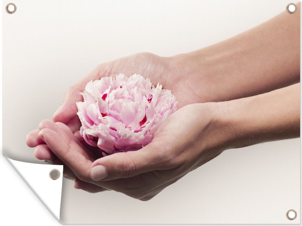 MuchoWow 40x30 cm Outdoor-Poster Gartendeko Sichtschutz Garten Poster für den Garten Die Hände halten eine rosa Pfingstrose
