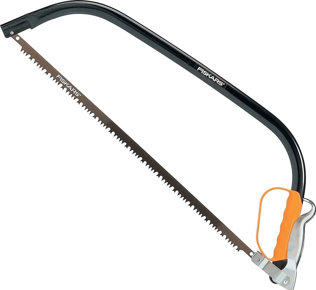A Fiskars bow saw against a white background.