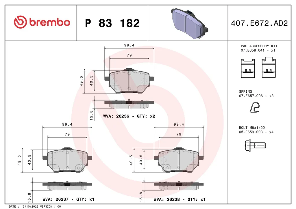 Plaquettes de frein sans sifflement pour Toyota Corolla E21 Brembo P 83 182