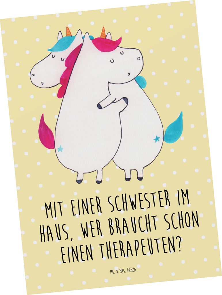 Mr. & Mrs. Panda Fotokarte Schwester Glück - Gelb Pastell - Geschenk, Familiengeschenk, Postkarten, Erinnerungen, einzelkarte, Grußkarte, Postkar...
