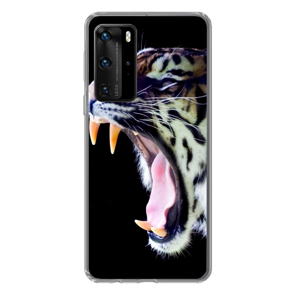 MuchoWow Handyhülle Schutzhülle Hülle für Huawei P40 Pro Brüllender Tiger auf schwarzem Hintergrund Silikon Softcase Handy Hülle
