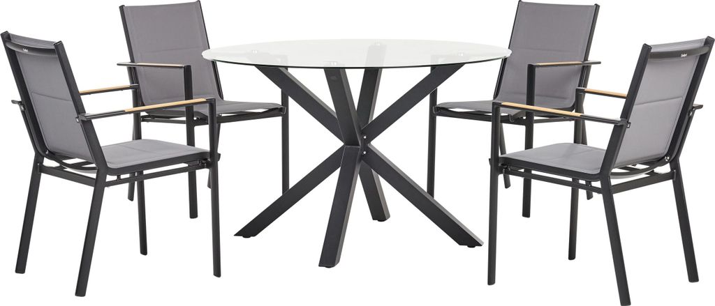 BELIANI Gartenmöbel Set 5-teilig Schwarz u. Transparent Aluminium Tisch 120 cm Rund Glasplatte mit 4 Stühlen Bespannt Stapelbar Terrasse Auß...