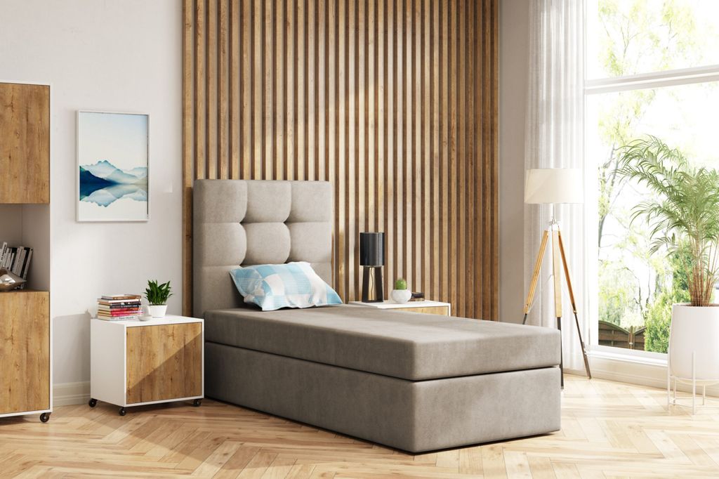 Einzelbett FIGO 90 cm x 200 cm AMOR VELVET 03 Beige Boxspringbett mit Bettkasten Kontinentalbett mit dekorativem Kopfteil