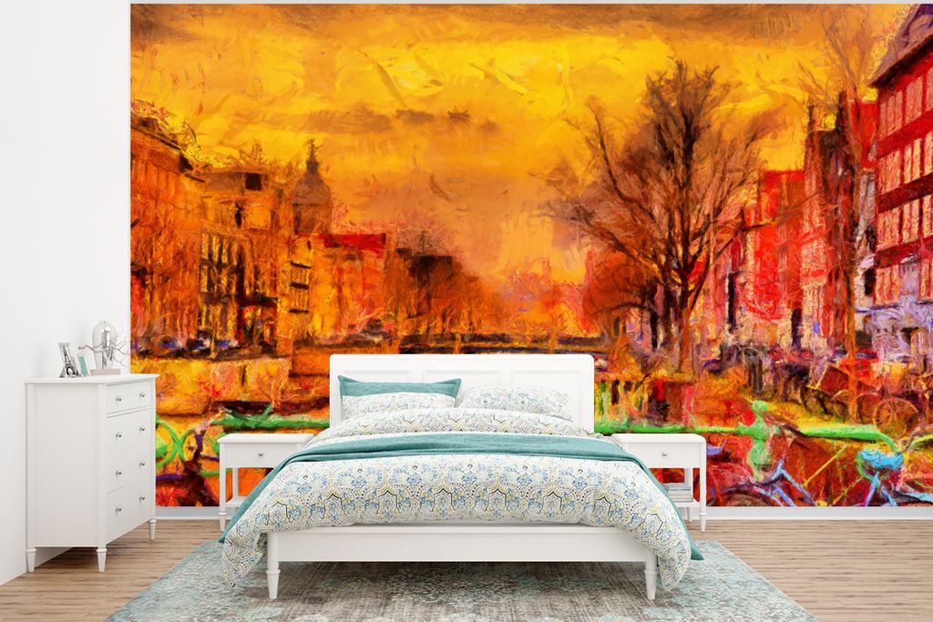 MuchoWow Fototapete für Wohnzimmer oder Schlafzimmer Wandtapete Vinyl Motivtapete Gemälde - Fahrrad - Amsterdam - Gracht - Öl - 375x280 cm - S...