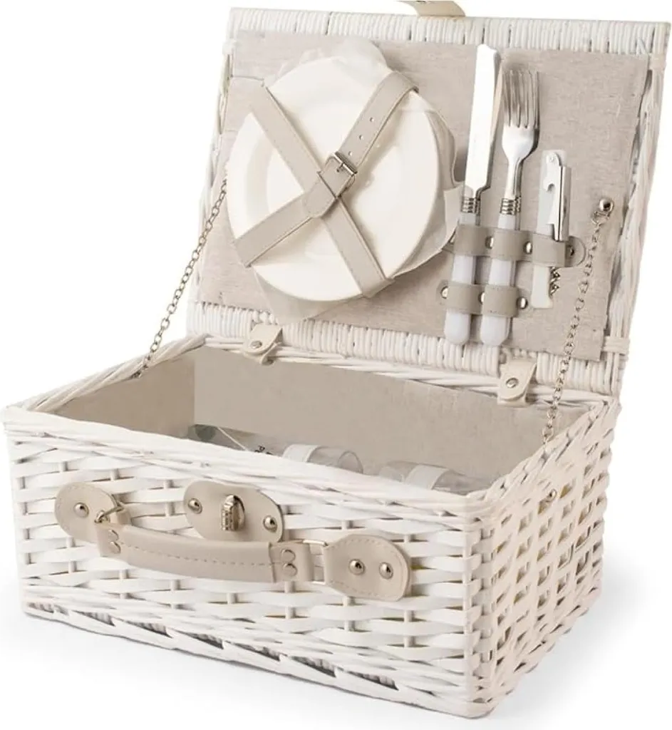 Panier pique-nique blanc H&H 36x26x16 cm en osier tressé élégant