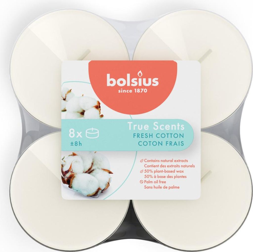 Bolsius Maxi-Teelichter weiß 8h True Scents Fresh Baumwolle 8er Pack