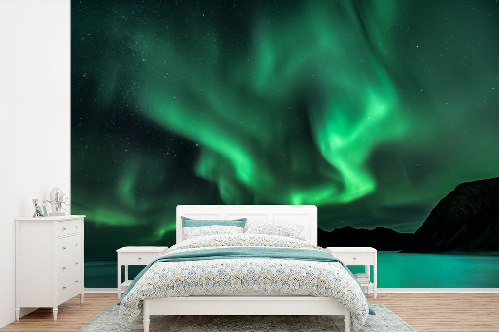 MuchoWow Fototapete für Wohnzimmer oder Schlafzimmer Wandtapete Vinyl Motivtapete Nordlichter - Wasser - Norwegen - 525x350 cm - Das Hintergrund...
