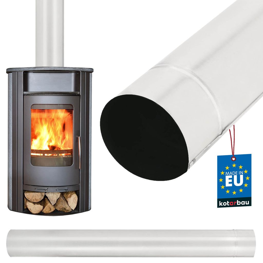 A wood-burning stove with a chimney pipe and a separate chimney pipe section, along with a 'Made in EU' tag.