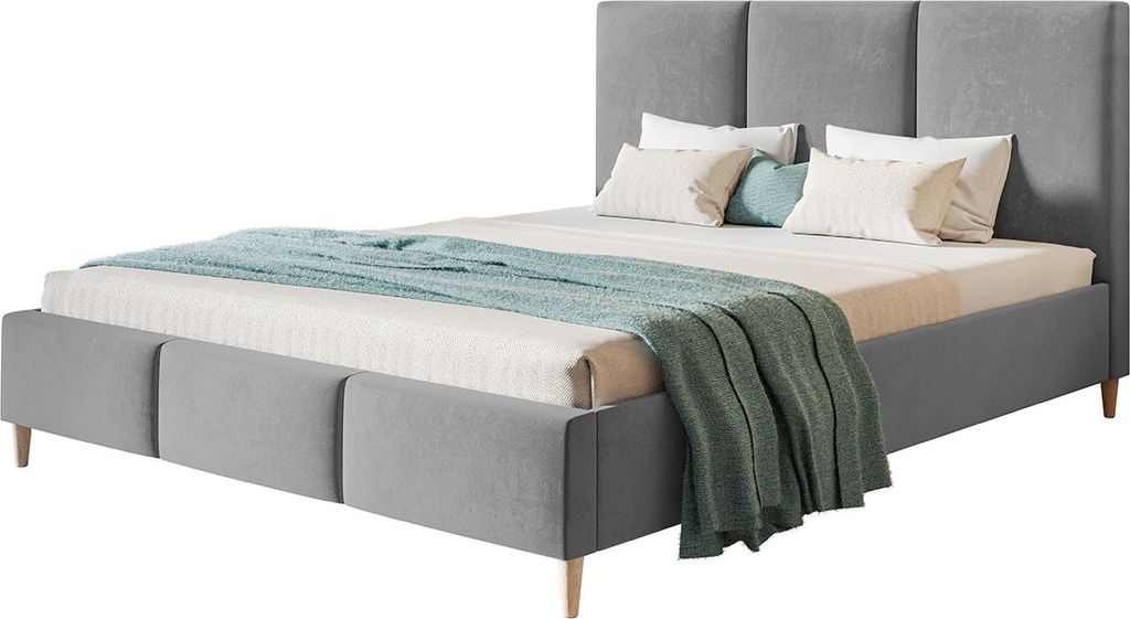 Polsterbett LUX SIENA mit Kopfteil, 180 x 200 cm, Doppelbett mit Lattenrost aus Holz, Velourstoff Grau, Füße in Farbe: Braun