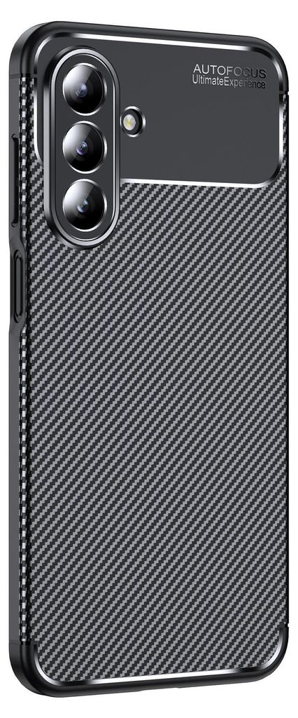 A close-up view of a black smartphone case with a carbon fiber texture.