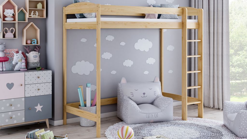 Hochbett 180 Kinderbett aus Kiefernholz für Mädchen und Jungen, 80 x 180 cm, Höhe 180 cm, Meble Wróbel, Naturbelassen