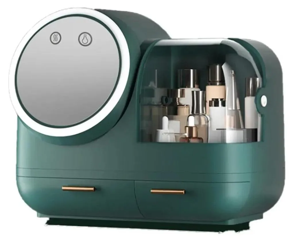 Boîte de rangement cosmétique avec miroir et poignée de transport vert