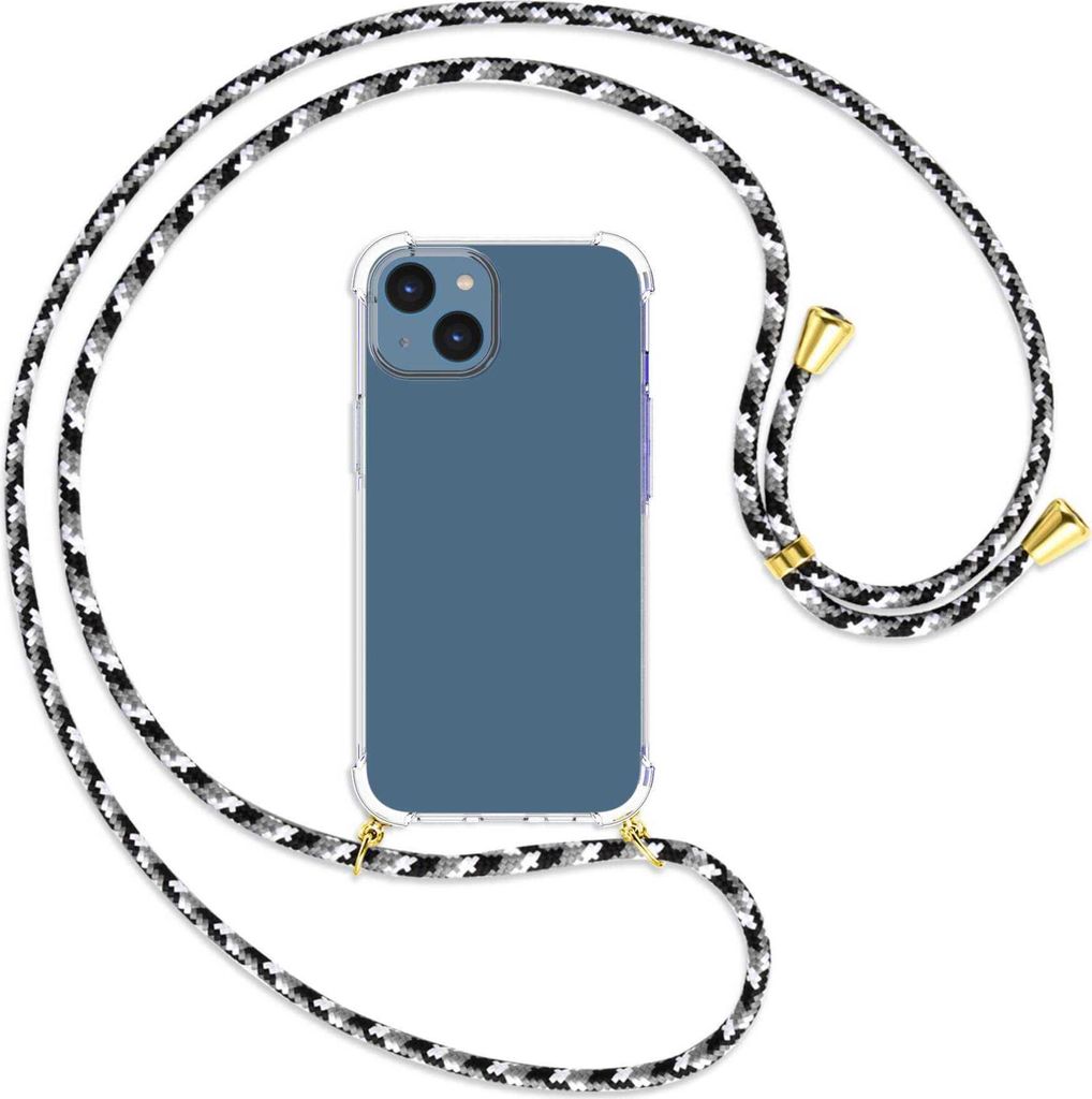 Handykette Backcover-Schutzhülle mit Band (Metall goldfarben) für Apple iPhone 14 (6.1'') - schwarz/grau/weiß
