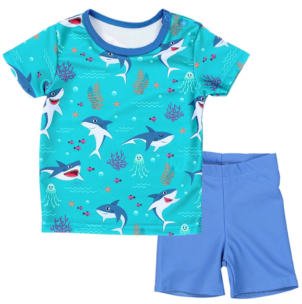Aquarti Baby Jungen Bade-Set Zweiteiliger Kinder Badeanzug T-Shirt Badehose UV-Schutz, Farbe: Haie im Meer Dunkeltürkis / Jeans Blau, Größe: 80