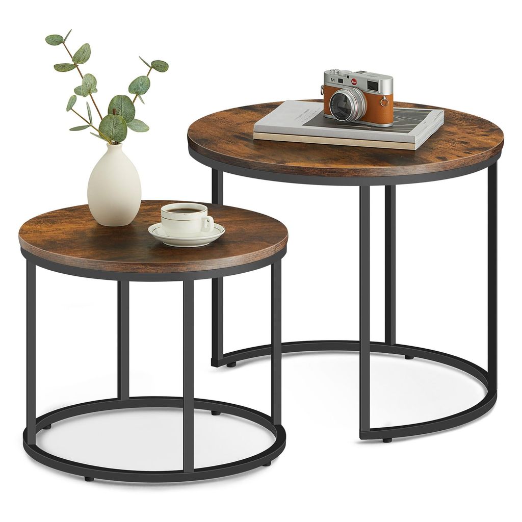 FORTENA Couchtisch Set 2er Rund Rustikal, Holzoptik/Schwarz, Metallgestell