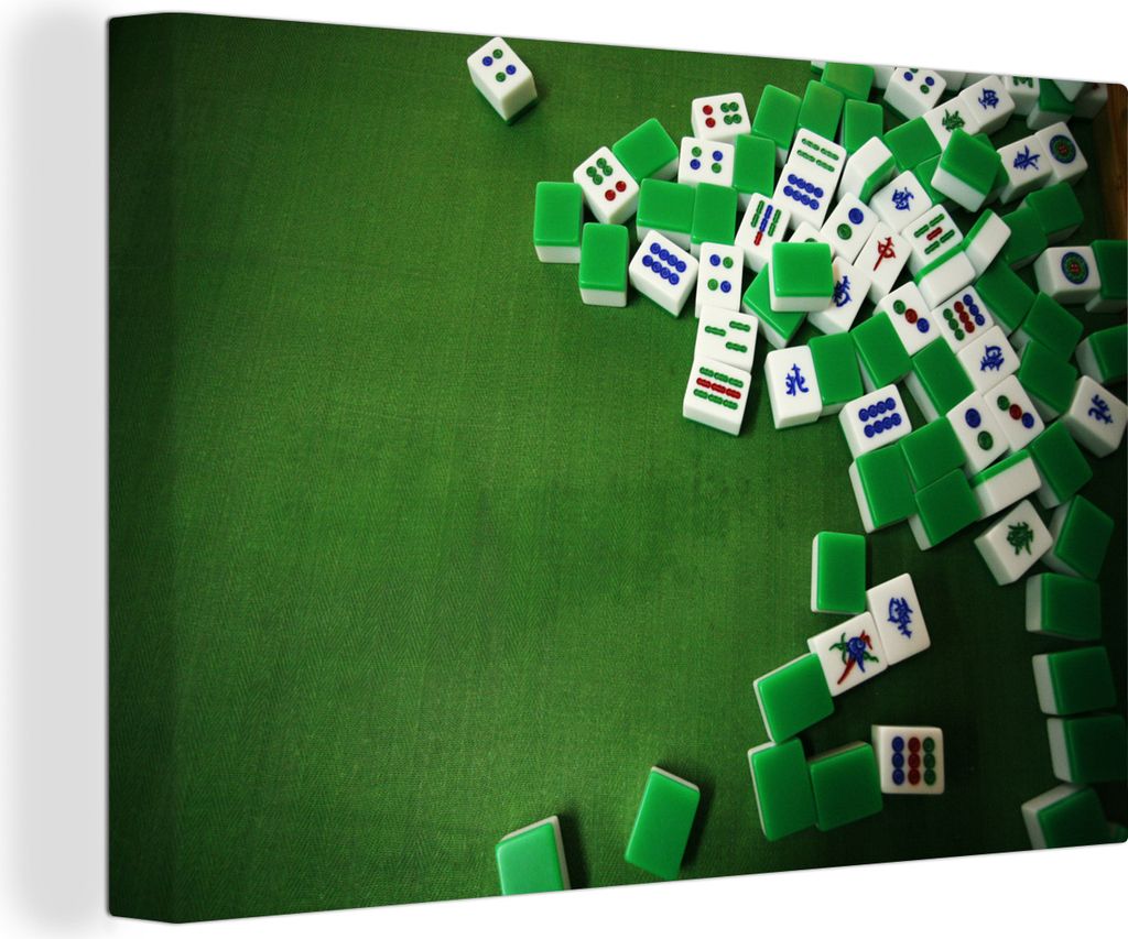 OneMillionCanvasses - Leinwandbilder - 140x90 cm, Verschiedene Mahjong-Spielsteine vor grünem Hintergrund, Wandbilder Kunstdruck Wanddekoration ...